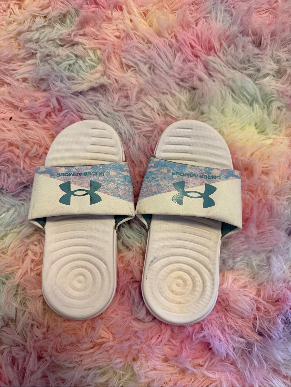 Under Armour White Slides with Teal Logo and Pastel Strap